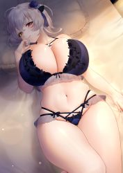 Rule 34 | 1girl, absurdres, alicia renato (yashiro sousaku), black bra, black panties, blue panties, blush, borrowed character, bra, breasts, cleavage, commission, curvy, dress, hair ornament, heterochromia, highres, huge breasts, looking at viewer, lying, navel, on back, original, oriti4, panties, pillow, red eyes, second-party source, short hair, silver hair, skindentation, smile, solo, thick thighs, thighs, underwear, underwear only, wide hips, yellow eyes