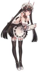 Rule 34 | 1girl, anklet, apron, atdan, azur lane, bare shoulders, black hair, black thighhighs, bracelet, breasts, full body, garter straps, hair ornament, high heels, horns, jewelry, long hair, looking at viewer, maid, maid apron, maid cafe, maid headdress, manjuu (azur lane), noshiro (azur lane), noshiro (hold the ice) (azur lane), official alternate costume, official art, oni horns, small breasts, thighhighs, transparent background, twintails, white footwear