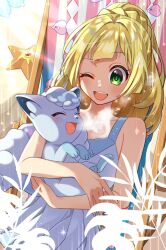 Rule 34 | 1girl, ;d, alolan form, alolan vulpix, bare arms, blonde hair, blush, braid, breath, character print, collarbone, commentary, creatures (company), day, dress, eyelashes, game freak, gen 1 pokemon, gen 3 pokemon, gen 7 pokemon, green eyes, happy, holding, holding pokemon, lillie (pokemon), long hair, looking down, luvdisc, nintendo, one eye closed, open mouth, outdoors, pokemon, pokemon (creature), pokemon sm, shinomono921, sleeveless, sleeveless dress, smile, staryu, teeth, tongue, upper teeth only, white dress