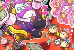 Rule 34 | 1boy, 1girl, channel ppp, crossed legs, facial hair, hinamatsuri, japanese clothes, kirby, kirby: planet robobot, kirby (series), max profitt haltmann, money, mustache, nintendo, no mouth, official art, pink hair, purple hair, rayman limbs, susie (kirby), thought bubble, translation request, waddle dee