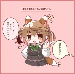 Rule 34 | ^^^, animal ears, bloom2425, bow, bowtie, brown eyes, collared shirt, commentary request, cropped torso, double bun, dress, dress shirt, fox ears, fox tail, green bow, green bowtie, hair bun, highres, index finger raised, kantai collection, light brown hair, long sleeves, looking at viewer, michishio (kancolle), michishio kai ni (kancolle), pinafore dress, pink background, shirt, short twintails, sleeveless, sleeveless dress, tail, translation request, twintails, white shirt