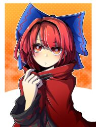 Rule 34 | 1girl, :/, blue bow, bow, bright pupils, cloak, closed mouth, colored eyelashes, hair bow, highres, hurin raika, long sleeves, looking to the side, orange background, outline, polka dot, polka dot background, red eyes, red hair, sekibanki, short hair, solo, touhou, upper body, white outline, white pupils