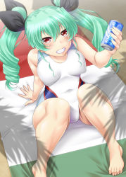 Rule 34 | 10s, 1girl, anchovy (girls und panzer), arm support, ayato, bad id, bad pixiv id, bare shoulders, barefoot, beach towel, blush, can, from above, girls und panzer, green hair, grin, hair ribbon, highres, holding, lens flare, long hair, one-piece swimsuit, perspective, red eyes, ribbon, sitting, smile, solo, swimsuit, towel, twintails