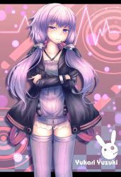 Rule 34 | 1girl, blush, character name, checkered background, closed mouth, collarbone, criss-cross halter, crossed arms, eyebrows, hair tubes, halterneck, head tilt, highres, hood, hood down, hoodie, letterboxed, lips, long hair, long sleeves, low twintails, maru daizu (aqua6233), open clothes, open hoodie, purple eyes, purple hair, purple thighhighs, solo, standing, striped clothes, striped thighhighs, thighhighs, twintails, vertical-striped clothes, vertical-striped thighhighs, vocaloid, voiceroid, yuzuki yukari, zettai ryouiki