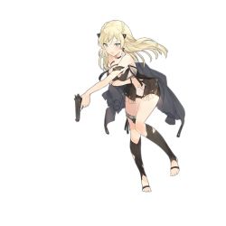 Rule 34 | 1girl, bare shoulders, barefoot, black thighhighs, blonde hair, blush, braid, coat, french braid, full body, girls&#039; frontline, grey eyes, gun, hair ornament, handgun, holding, holding gun, holding weapon, k5 (girls&#039; frontline), long hair, looking at viewer, lpip, official art, open clothes, open coat, open mouth, pistol, solo, thighhighs, toeless legwear, torn clothes, transparent background, weapon