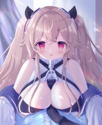 Rule 34 | 1girl, :d, absurdres, anchorage (azur lane), azur lane, bare shoulders, between breasts, blue shirt, blush, breasts, brown hair, cleavage, commentary request, hair between eyes, headgear, highres, jacket, large breasts, long hair, looking at viewer, off shoulder, open clothes, open jacket, open mouth, red eyes, shirt, siera (sieracitrus), smile, solo focus, twintails, white jacket