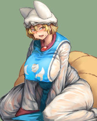 Rule 34 | 1girl, belly, blonde hair, blush, breasts, brown eyes, chanta (ayatakaoisii), covered erect nipples, dress, extra ears, fang, fox tail, green background, hair between eyes, highres, huge breasts, long sleeves, looking at viewer, multiple tails, open mouth, plump, puffy nipples, see-through, short hair, simple background, sitting, solo, sweat, tabard, tail, thick thighs, thighs, touhou, wariza, white dress, wide hips, yakumo ran
