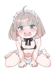 Rule 34 | 1boy, @ @, ahoge, angry, apron, barefoot, bikini, bikini top only, black bikini, black bow, black bowtie, blonde hair, blue eyes, blush, bow, bowtie, chibi, commentary request, covered erect nipples, detached collar, dot nose, embarrassed, fate/grand order, fate (series), furrowed brow, highres, legs apart, maid, maid headdress, male focus, medium hair, navel, oberon (fate), open mouth, sausu hitori, solo, spread legs, sweatdrop, swimsuit, tagme, tearing up, teeth, trap, upper teeth only, white apron, white background, white headdress, yaoi