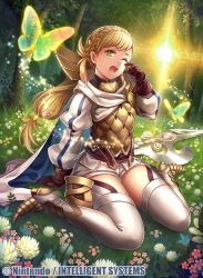 Rule 34 | 1girl, armor, blonde hair, braid, bug, butterfly, cape, commentary request, company name, copyright name, fire emblem, fire emblem cipher, fire emblem heroes, full body, fumi (butakotai), gloves, gradient hair, insect, long hair, low-tied long hair, multicolored hair, nintendo, official art, pink hair, scale armor, simple background, sitting, solo, sparkle, thighhighs