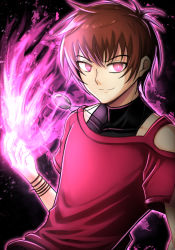 Rule 34 | 1boy, absurdres, black background, bracelet, brown hair, chris (kof), closed mouth, clothing request, fire, glowing, glowing eyes, highres, jewelry, looking at viewer, male focus, mixed-language commentary, necklace, orochi chris, pink fire, pyrokinesis, red shirt, shirt, short hair, short sleeves, silverchariotx, simple background, smirk, solo, the king of fighters, the king of fighters xv