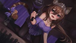 Rule 34 | 1girl, animal ears, black pantyhose, blush, breasts, cat ears, cat girl, cat tail, cleavage, collarbone, commission, grey eyes, hammer, highres, holding, holding hammer, jewelry, large breasts, long hair, melaton, necklace, open mouth, original, pantyhose, purple footwear, purple skirt, shoes, skeb commission, skirt, smile, sneakers, solo, tail, tiara