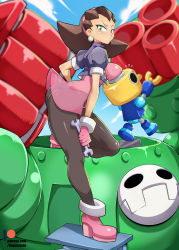 Rule 34 | 1girl, ass, bayeuxman, black leggings, boots, breasts, brown hair, closed mouth, cropped jacket, day, earrings, from side, full body, gloves, green eyes, highres, jewelry, large breasts, leggings, long hair, mega man (series), mega man legends (series), pink footwear, pink gloves, puffy short sleeves, puffy sleeves, see-through, servbot (mega man), short sleeves, sky, standing, standing on one leg, tron bonne (mega man), wrench