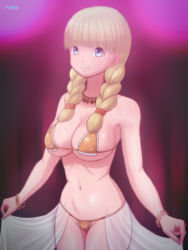 Rule 34 | 1girl, altyane hetata, bikini, blonde hair, blue eyes, blush, bracelet, braid, breasts, dragon quest, dragon quest xi, highres, jewelry, large breasts, long hair, looking at viewer, micro bikini, navel, necklace, shawl, smile, solo, swimsuit, twin braids, veronica (dq11)