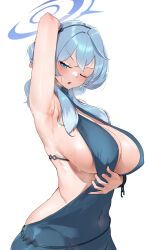 Rule 34 | 1girl, ;o, ako (blue archive), ako (dress) (blue archive), armpits, blue archive, blue dress, blue eyes, blue hair, blue hairband, blue halo, blush, breasts, covered erect nipples, covered navel, dress, hairband, halo, highres, large breasts, long hair, looking at viewer, monoi daru, official alternate costume, one eye closed, open mouth, revealing clothes, sideboob, simple background, solo, sweat, v-shaped eyebrows, white background