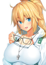 Rule 34 | 1girl, b-ginga, bespectacled, black bow, blonde hair, blue eyes, blue jacket, bow, collarbone, commentary request, competition swimsuit, unworn eyewear, fate/grand order, fate (series), glasses, hair bow, head tilt, high ponytail, holding, holding removed eyewear, hood, hooded jacket, impossible clothes, jacket, jeanne d&#039;arc (fate), jeanne d&#039;arc (ruler) (fate), jeanne d&#039;arc (swimsuit archer) (fate), jeanne d&#039;arc (swimsuit archer) (second ascension) (fate), long hair, one-piece swimsuit, open mouth, ponytail, sidelocks, solo, swimsuit, upper body, whistle, whistle around neck, white jacket, white one-piece swimsuit