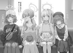 Rule 34 | 4girls, bag, baseball cap, blue archive, closed eyes, closed mouth, collarbone, glasses, greyscale, hair ornament, hairclip, halo, hat, holding, holding phone, jewelry, long hair, long sleeves, looking at another, miyako (blue archive), miyu (blue archive), moe (blue archive), monochrome, multiple girls, open mouth, phone, pom pom (clothes), pom pom hair ornament, ribbed sweater, ring, saki (blue archive), shirt, skirt, sleeping, sleeping upright, smile, sweater, tori udon, train interior, translation request