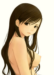 Rule 34 | 00s, 1girl, breasts, brown hair, female focus, from side, frown, hair over breasts, lips, long hair, looking at viewer, looking to the side, maria-sama ga miteru, nipples, nude, solo, suke akurou, swept bangs, topless frame, toudou shimako, upper body, very long hair, white background