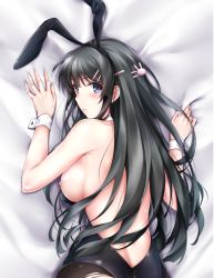 Rule 34 | 1girl, animal ears, backless outfit, bare back, bare shoulders, bed sheet, black hair, black hairband, black leotard, black pantyhose, blue eyes, blush, breast slip, breasts, choker, closed mouth, dakimakura (medium), fake animal ears, from above, from behind, frown, hair ornament, hairband, hairclip, large breasts, leotard, long hair, looking at viewer, looking back, nipples, pantyhose, playboy bunny, rabbit ears, rabbit hair ornament, rei kun, sakurajima mai, seishun buta yarou, sheet grab, solo, torn clothes, torn pantyhose, upper body, very long hair, white choker, wrist cuffs