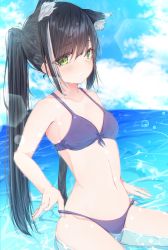 Rule 34 | 1girl, alternate costume, animal ear fluff, animal ears, beach, bikini, black hair, blue sky, blush, breasts, bubble, cat ears, cleavage, cloud, day, front-tie bikini top, front-tie top, green eyes, highres, karyl (princess connect!), kei (limitedgirl), long hair, looking at viewer, partially submerged, princess connect!, purple bikini, sidelocks, sitting, sky, small breasts, solo, stomach, swimsuit, twintails, very long hair