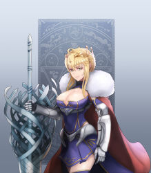 Rule 34 | 1girl, absurdres, ahoge, armor, artoria pendragon (fate), artoria pendragon (lancer) (fate), blonde hair, braid, breasts, cape, cleavage, commentary, crown, fate/grand order, fate (series), french braid, fur trim, green eyes, hair between eyes, highres, large breasts, long hair, looking at viewer, nayamer, sidelocks, smile, solo, thighhighs