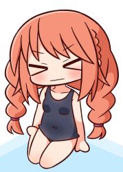 Rule 34 | &gt; &lt;, 1girl, bare arms, bare legs, bare shoulders, barefoot, black one-piece swimsuit, blush, braid, breasts, brown hair, chibi, closed eyes, closed mouth, collarbone, covered navel, facing viewer, full body, hana kazari, highres, long hair, old school swimsuit, one-piece swimsuit, princess connect!, school swimsuit, sitting, small breasts, solo, swimsuit, twin braids, twintails, v-shaped eyebrows, very long hair, wavy mouth, yokozuwari, yuni (princess connect!)