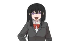 Rule 34 | 1girl, black hair, black jacket, bright pupils, chinese commentary, collared shirt, commentary request, highres, inoue takina, jacket, long hair, long sleeves, looking at viewer, lycoris recoil, open mouth, purple eyes, school uniform, shirt, simple background, solo, sweatdrop, upper body, white background, white pupils, white shirt, yanlingjinshilihuahua