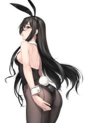 Rule 34 | 1girl, alternate costume, animal ears, ass, black hair, black pantyhose, breasts, brown pantyhose, cowboy shot, fake animal ears, glasses, grey background, highres, kantai collection, leotard, long hair, looking at viewer, ooyodo (kancolle), pantyhose, playboy bunny, rabbit ears, rabbit tail, rokuwata tomoe, simple background, small breasts, solo, tail, upper body, white background