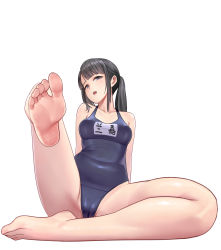 Rule 34 | 1girl, barefoot, black hair, blue eyes, breasts, breasts apart, cameltoe, collarbone, covered erect nipples, covered navel, feet, foot up, from below, full body, grey eyes, highres, kawery, leg up, long hair, looking at viewer, medium breasts, nipples, one-piece swimsuit, open mouth, original, ponytail, school swimsuit, simple background, sitting, soles, solo, spread legs, swimsuit, tan, tanline, toes, twintails, white background