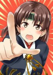 Rule 34 | &gt;:o, 10s, 1girl, :o, blouse, blush, breasts, brown eyes, brown hair, chiyoda (kancolle), fingernails, headband, highres, japanese clothes, kamelie, kantai collection, long fingernails, long sleeves, looking at viewer, open mouth, pointing, pointing at viewer, pointing finger, shirt, short hair, solo, tassel, upper body, v-shaped eyebrows