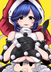 Rule 34 | 2girls, bare shoulders, black eyes, black gloves, black sleeves, blue eyes, blue hair, blush, braid, breast rest, breasts, chibi, clothing cutout, commentary request, covering own mouth, detached sleeves, doremy sweet, dress, ear piercing, feathered wings, french braid, fur-trimmed gloves, fur trim, gloves, grey wings, hair between eyes, hand over own mouth, hands on own breasts, hat, highres, kishin sagume, large breasts, looking at viewer, multicolored clothes, multicolored dress, multiple girls, nightcap, open mouth, piercing, pom pom (clothes), red headwear, rihito (usazukin), short hair, short sleeves, simple background, single wing, sleeveless, sleeveless dress, solo focus, standing, tail, tapir tail, touhou, underboob, underboob cutout, upper body, white dress, white hair, wide sleeves, wings, yellow background