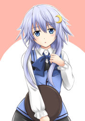 Rule 34 | 1girl, :o, alternate costume, blue eyes, blue hair, blush, bow, commentary request, cosplay, crescent, crescent hair ornament, fuuma nagi, gochuumon wa usagi desu ka?, hair ornament, kafuu chino, kafuu chino (cosplay), kantai collection, looking at viewer, matching hair/eyes, rabbit house uniform, short hair with long locks, solo, tray, waitress, yayoi (kancolle)