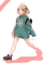 Rule 34 | 1girl, absurdres, ahoge, animal bag, avatar 2.0 project, backpack, bag, black footwear, blonde hair, blush, casual, character name, full body, green sweater, hair ornament, highres, long sleeves, looking at viewer, mokokiyo (asaddr), open mouth, panda hair ornament, red eyes, shadow, shirono kuromi, shoes, short hair, shorts, simple background, sleeves past fingers, sleeves past wrists, sneakers, solo, sweater, virtual youtuber, white background, white shorts