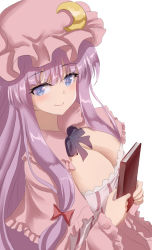 1girl book bow bowtie breasts capelet cleavage closed_mouth commentary crescent crescent_hat_ornament frilled_sleeves frills hair_bow hat hat_ornament highres holding holding_book large_breasts long_hair mob_cap namiki_(remiter00) patchouli_knowledge purple_bow purple_bowtie purple_eyes purple_hair red_bow simple_background smile solo touhou upper_body very_long_hair white_background wide_sleeves