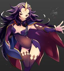 Rule 34 | 1girl, ataka takeru, black hair, black thighhighs, bodysuit, book, breasts, cape, character name, closed mouth, covered navel, facial mark, fire emblem, fire emblem fates, forehead mark, grey background, hair ornament, holding, holding book, long hair, navel, nintendo, nyx (fire emblem), red eyes, revealing clothes, simple background, small breasts, solo, thighhighs