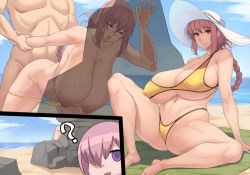 Rule 34 | 1boy, 2girls, ?, ass, beach, bikini, breasts, doggystyle, fate/grand order, fate (series), florence nightingale (chaldea lifesavers) (fate), florence nightingale (fate), hat, hetero, huge ass, huge breasts, mash kyrielight, metal owl (aden12), moaning, multiple girls, sex, sex from behind, stealth sex, sun hat, swimsuit, thong bikini