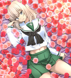 Rule 34 | 1girl, alternate costume, bed sheet, black neckerchief, blouse, blue eyes, closed mouth, commentary request, flower, from above, girls und panzer, green skirt, hand in own hair, head tilt, itsumi erika, light particles, long hair, long sleeves, looking at viewer, lying, midriff, miniskirt, nakahira guy, navel, neckerchief, on back, on bed, ooarai school uniform, partial commentary, pink flower, pink rose, pleated skirt, red flower, red rose, rose, school uniform, serafuku, shirt, silver hair, skirt, smile, solo, thighs, white shirt