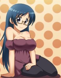 Rule 34 | 00s, 1girl, arm support, awa, bare shoulders, blue eyes, blue hair, blush, breasts, casual, cleavage, female focus, glasses, kanamemo, large breasts, matching hair/eyes, nishida haruka, sitting, smile, solo