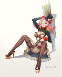 Rule 34 | 1girl, absurdres, black hat, black thighhighs, breasts, character request, cleavage, copyright request, dated, drill hair, gun, hat, high heels, highres, holding, holding gun, holding weapon, large breasts, long sleeves, looking at viewer, luode huayuan, medium hair, navel, one eye closed, parted lips, pink hair, platform footwear, sitting, skull, solo, steampunk, thighhighs, top hat, twintails, weapon