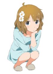 Rule 34 | 1girl, ahoge, blue dress, blue eyes, brown hair, commentary, dress, expressionless, flat chest, flower, hair flower, hair ornament, hand on own cheek, hand on own face, idolmaster, idolmaster million live!, long sleeves, looking at viewer, medium hair, nomo mp, sidelocks, slippers, solo, squatting, suou momoko, wavy hair, white background, white footwear