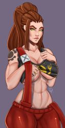 Rule 34 | 1girl, abs, belly, breasts, brigitte (overwatch), brown hair, closed mouth, eyebrows, highres, lips, long hair, navel, overwatch, overwatch 1, pants, ponytail, shirt, simple background, solo, stomach, tattoo, teteowl, yellow eyes