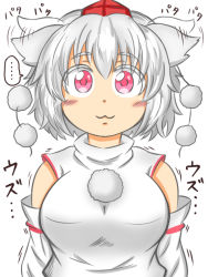 Rule 34 | ..., 1girl, :3, animal ears, arms at sides, bare shoulders, blush, detached sleeves, ear wiggle, eyebrows, hair between eyes, hat, inubashiri momiji, looking at viewer, motion lines, otsu kinoto, pom pom (clothes), red eyes, short hair, silver hair, simple background, smile, solo, spoken ellipsis, standing, tokin hat, touhou, upper body, white background, wolf ears