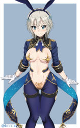 Rule 34 | 1girl, :o, anastasia (idolmaster), animal ears, blue eyes, blue neckwear, blush, breasts, covered erect nipples, covering privates, covering crotch, gloves, hair between eyes, half gloves, highres, idolmaster, idolmaster cinderella girls, inoshira, long sleeves, medium breasts, meme attire, open mouth, rabbit ears, reverse bunnysuit, reverse outfit, short hair, silver hair, solo, thigh strap, | |