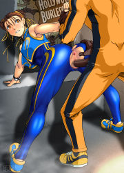 Rule 34 | 1girl, absurdres, anus, arm grab, ass, ass grab, bare shoulders, bent over, blush, breasts, brown eyes, brown hair, capcom, censored, chinese clothes, chun-li, clenched teeth, clothed sex, covered erect nipples, double bun, feet, highres, large breasts, legs, looking back, no panties, penis, pussy, qkat (arikawa-dou), sex, shoes, short hair, sneakers, street fighter, teeth, thighs, torn clothes, vaginal