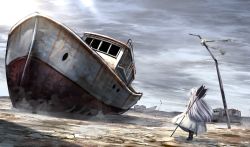 Rule 34 | 1girl, axe, battle axe, beached ship, boat, cloud, cloudy sky, commentary, dress, from behind, grey sky, haru (ryosios), long hair, original, outdoors, overcast, pink hair, post-apocalypse, rust, ryosios, silver hair, sky, solo, standing, very long hair, watercraft, weapon, white dress, wide shot, wind