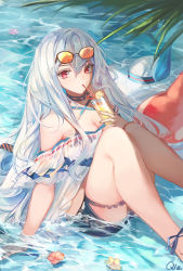 Rule 34 | 1girl, arknights, artist name, bare shoulders, chinese commentary, choker, commentary request, criss-cross halter, cup, drinking, drinking glass, drinking straw, eyewear on head, feet out of frame, hair between eyes, halterneck, hat, unworn hat, unworn headwear, highres, holding, holding cup, inflatable orca, inflatable toy, knees up, long hair, looking at viewer, off-shoulder shirt, off shoulder, official alternate costume, qie, red eyes, shirt, short sleeves, silver hair, sitting, skadi (arknights), skadi (waverider) (arknights), solo, sunglasses, thighs, water, white shirt