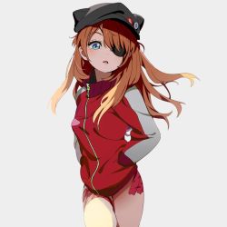 Rule 34 | 1girl, animal hat, blue eyes, blush, cat hat, evangelion: 3.0 you can (not) redo, eyepatch, hands in pockets, hat, long hair, looking at viewer, mebae, neon genesis evangelion, open mouth, orange hair, rebuild of evangelion, simple background, solo, souryuu asuka langley, torn clothes, twintails, two side up
