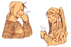 Rule 34 | 1boy, 1girl, ^ ^, clenched teeth, closed eyes, cup, earrings, edward elric, fullmetal alchemist, happy, holding, holding cup, igi (tarqu0ise), jewelry, long hair, long sleeves, mug, orange theme, ponytail, profile, shirt, simple background, smile, steam, sweater, teeth, upper body, white background, winry rockbell
