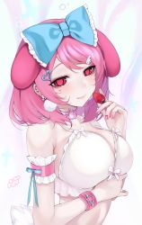 Rule 34 | 1girl, animal ears, arm strap, arm under breasts, bare shoulders, blue bow, blue ribbon, blush, bow, bow bra, bra, breasts, choker, cleavage, closed mouth, commentary request, cross, cross earrings, dog ears, dog girl, dog tail, ear piercing, earrings, facial tattoo, food, frilled bra, frills, fruit, hair bow, hair ornament, hairclip, hand up, heart, heart tattoo, highres, holding, holding food, jewelry, large breasts, looking at viewer, medium hair, mole, mole on breast, nail art, nail polish, ompf, original, piercing, pink choker, pink eyes, pink hair, pink nails, rabbit choker, ribbon, smile, solo, strawberry, swept bangs, tail, tattoo, underwear, upper body, white background, white bow, white bra, white fur, wristband