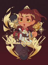 Rule 34 | 1boy, book, brown background, brown hair, cleric, cleric lifeweaver, commentary, commission, dark-skinned male, dark skin, english commentary, english text, highres, holding, lifeweaver (overwatch), long hair, male focus, ngtramkarm, official alternate costume, open mouth, overwatch, overwatch 2, simple background, solo, yellow eyes