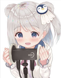 Rule 34 | 1girl, :d, animal ears, binaural microphone, blush, character request, collared shirt, commentary request, dress shirt, grey eyes, grey hair, hands up, indie virtual youtuber, long sleeves, microphone, mimikaki (men bow), one side up, open mouth, penguin hair ornament, shirt, simple background, sleeves past wrists, smile, solo, upper body, virtual youtuber, white background, white shirt